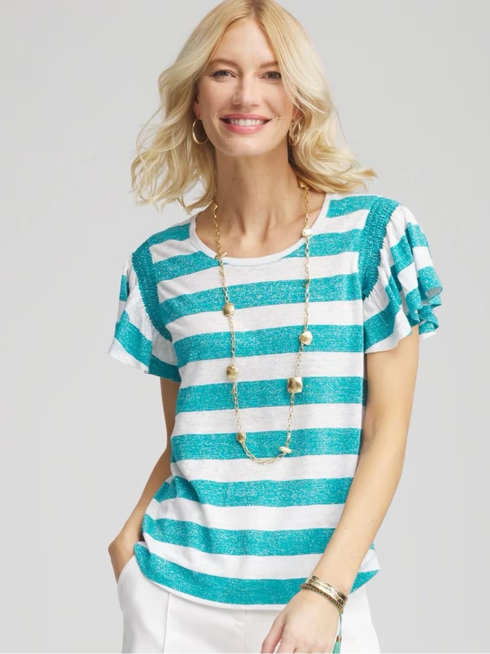 Chico’s Linen Metallic Striped Flutter-Sleeve Tee - Size Large
